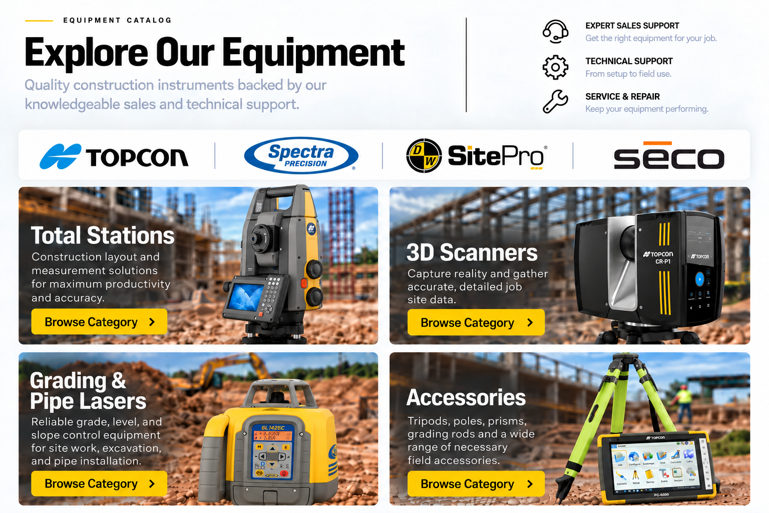Equipment catalog featuring Topcon, Spectra Precision, SitePro and SECO. Topcon GT-1500 total station, Topcon CR-P1 3D scanner, Spectra Precision GL1425C grade laser, SitePro accessories and Topcon FC-6000 field computer. Knowledgeable sales, technical support, service and repair.
